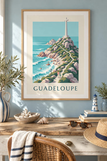 Guadeloupe Pointe des Châteaux and cross poster : framed on the wall
