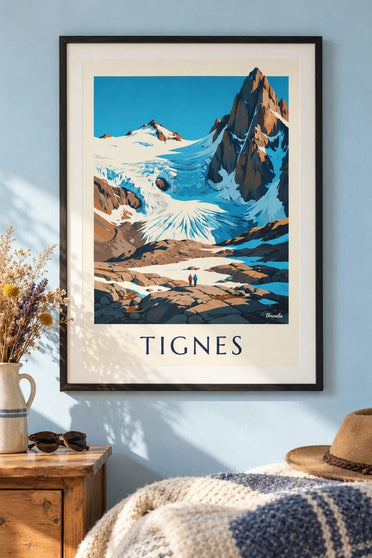 Tignes, Grande Motte and Grande Casse summer poster : framed on the wall