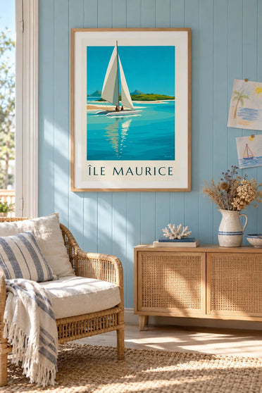 Île aux Cerfs and turquoise lagoon poster : framed on the wall