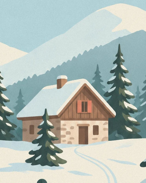 Le chalet en pierre et bois au toit enneigé, volets rouges, entouré de sapins