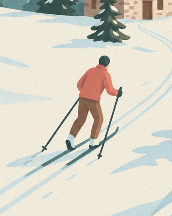 Le skieur de dos en veste rouge, bâtons plantés dans la neige, sur la trace