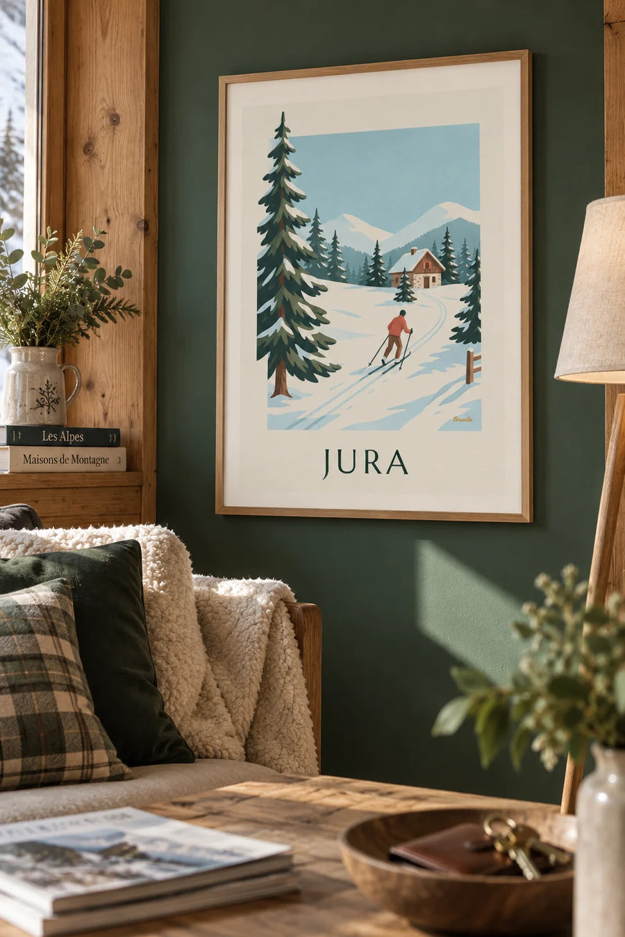 Affiche ski de fond dans les forêts de sapins du Jura : encadrée au mur