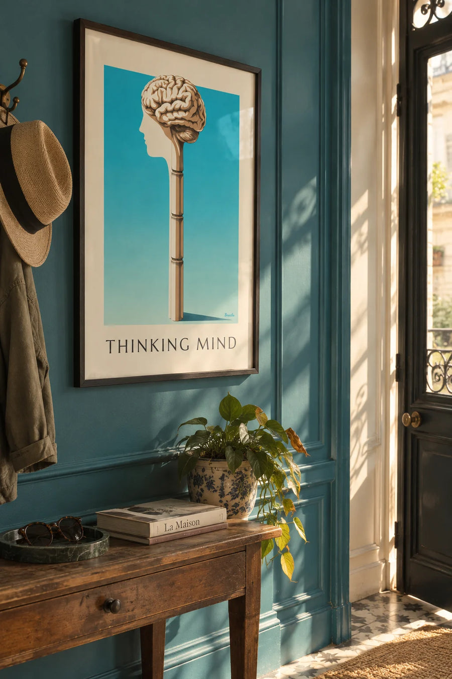 Anatomical plate of the human brain in profile poster: framed on the wall