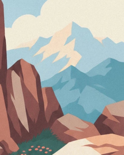 The blue peaks with cream highlights, framed by ochre and brown rocks