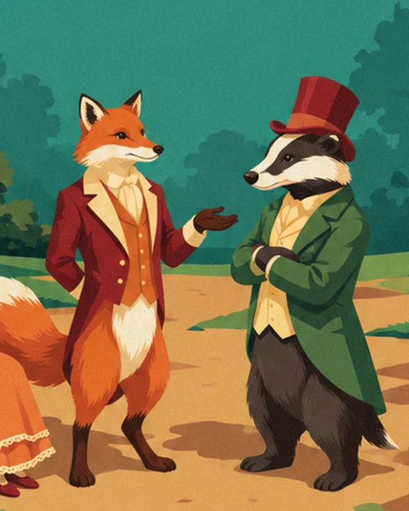 Le renard en redingote bordeaux face au blaireau en habit vert et haut-de-forme rouge