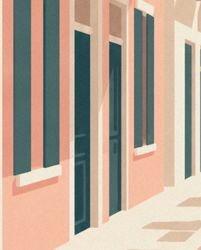 Façade rose aux volets bleu pétrole et aux 2 portes sombres, en plein soleil