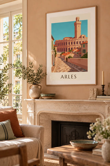 Affiche arènes romaines d'Arles et vieille ville en Provence : encadrée au mur