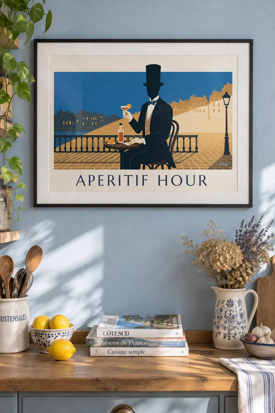 Poster of a man in a top hat with his aperitif glass: framed on the wall