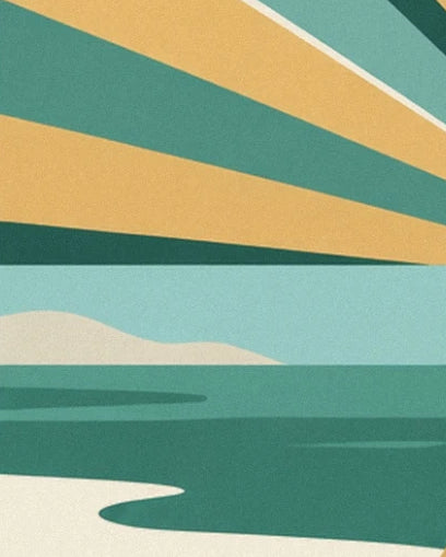 Ochre and green rays above a stretch of water edged by pale shores