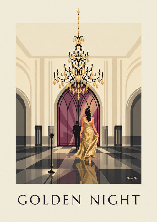 Poster of a woman in a sparkly gold dress beneath a ballroom chandelier: the full poster