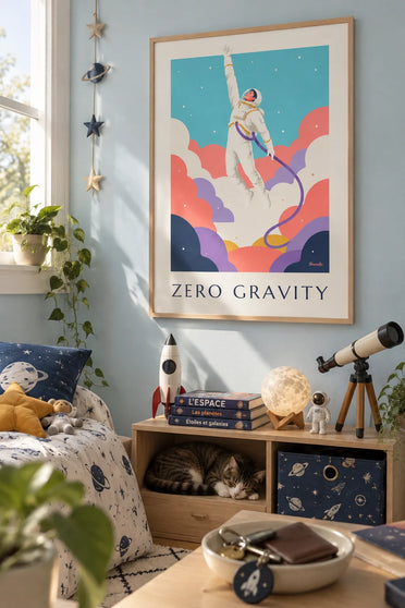 Affiche astronaute en apesanteur flottant parmi les nébuleuses : encadrée au mur