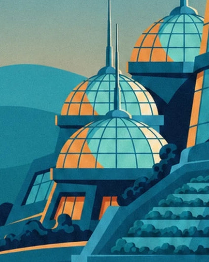 The turquoise and orange glass domes, their slender spires and planted terraces