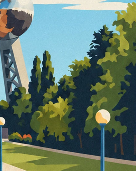 The street lamps with yellow globes, tall trees and lawn at the foot of the Atomium