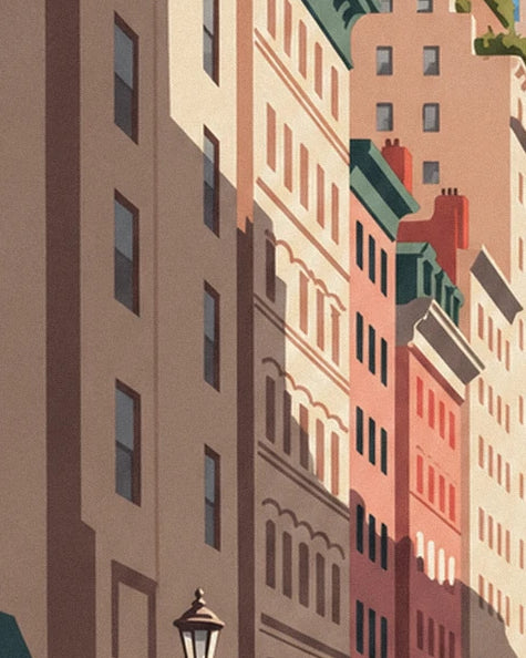 Cream and coral façades with green roofs, bathed in light and shade
