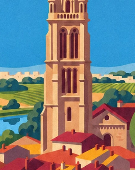The cathedral’s ochre tower above red roofs and the Yonne