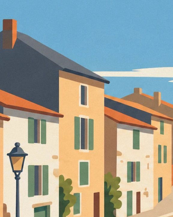 Les maisons en pierre aux volets verts et aux toits de tuiles orange, avec leur lampadaire