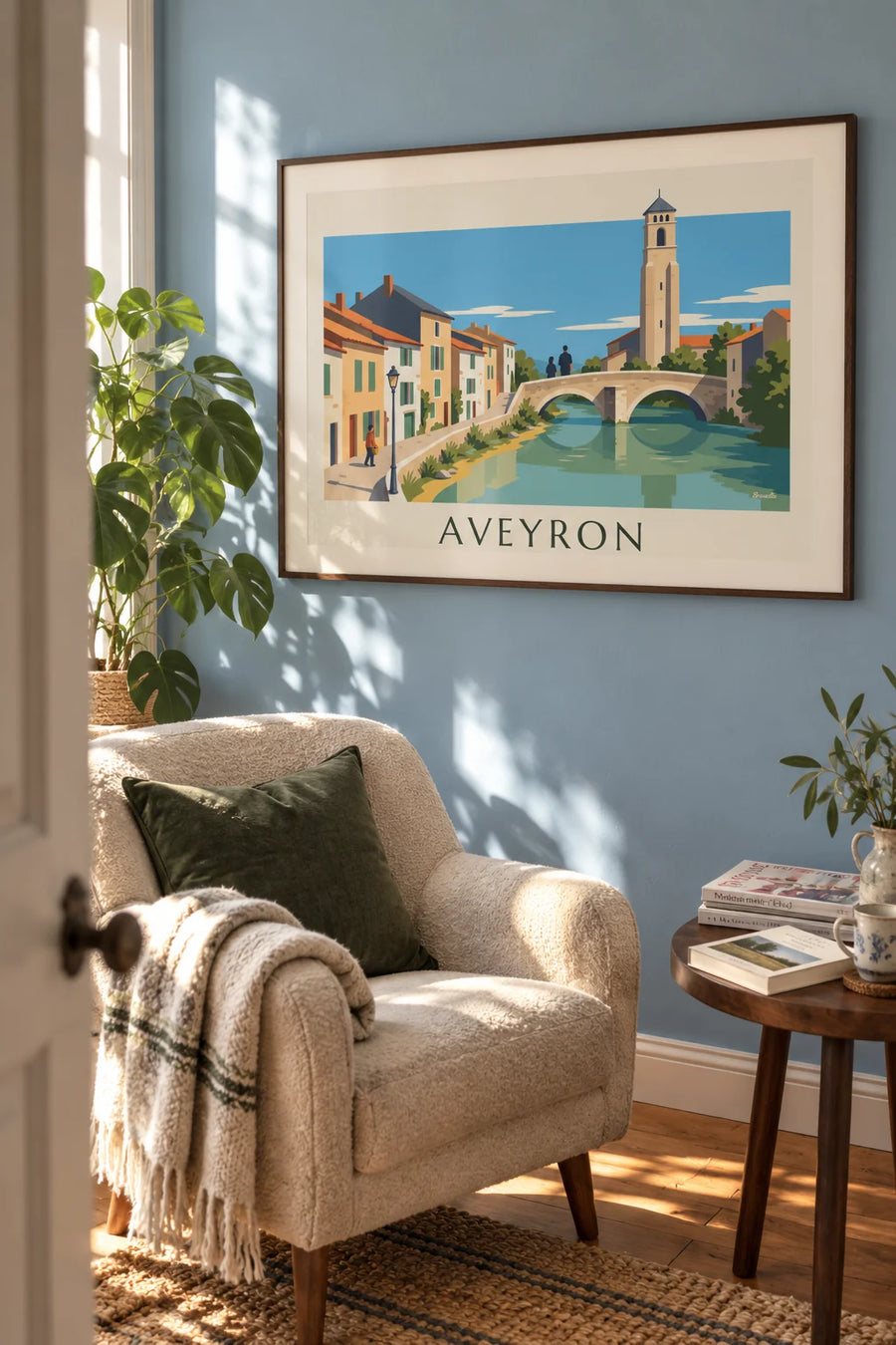 Affiche maisons en pierre au bord de la rivière Aveyron : encadrée au mur