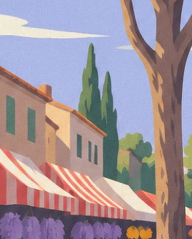 Façades with green shutters, striped awnings and lavender at the foot of the large tree