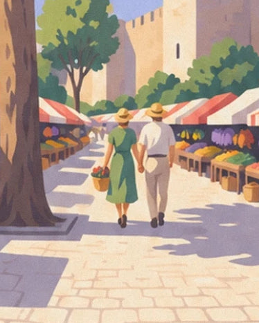 A couple in straw hats in the market aisle, between shade and sunshine