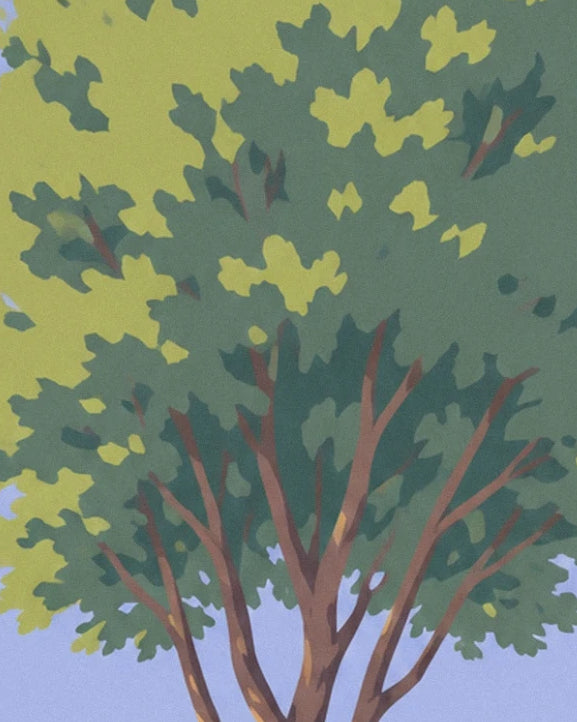 The brown branches of a tree and its foliage in shades of green against a blue sky