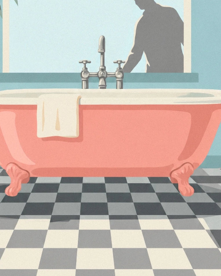 Coral bathtub and checkerboard tiles poster: close-up detail