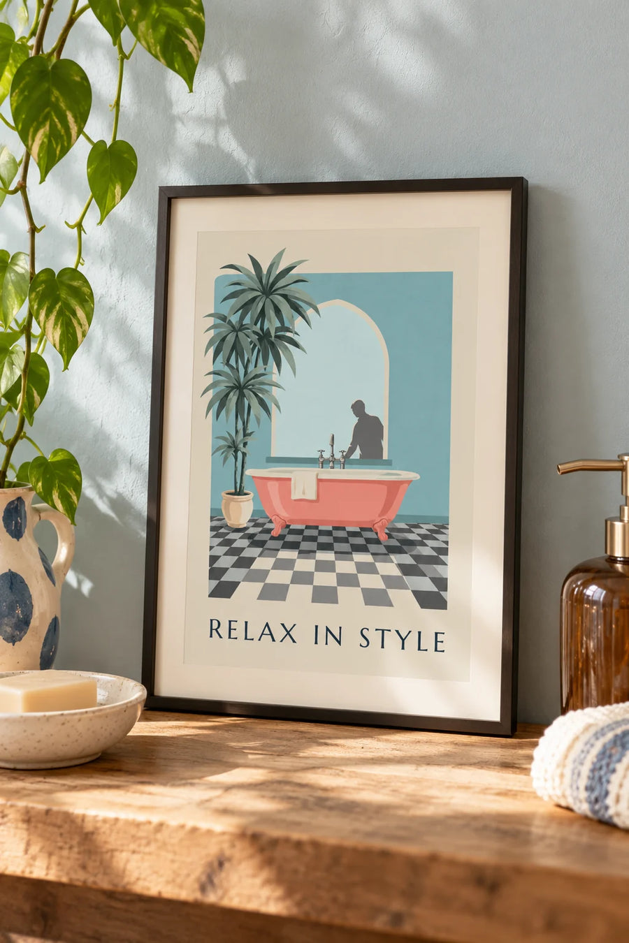 Coral bathtub and checkerboard tiles poster: small framed A4 size