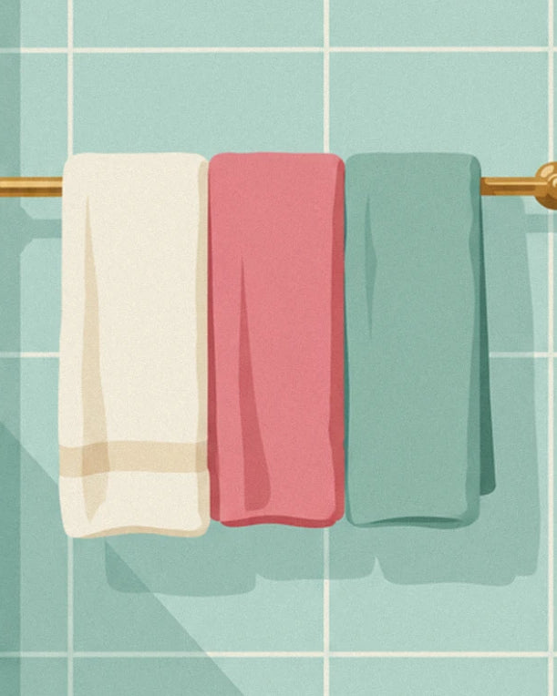 Les 3 serviettes crème, rose et vert d’eau sur une barre en laiton