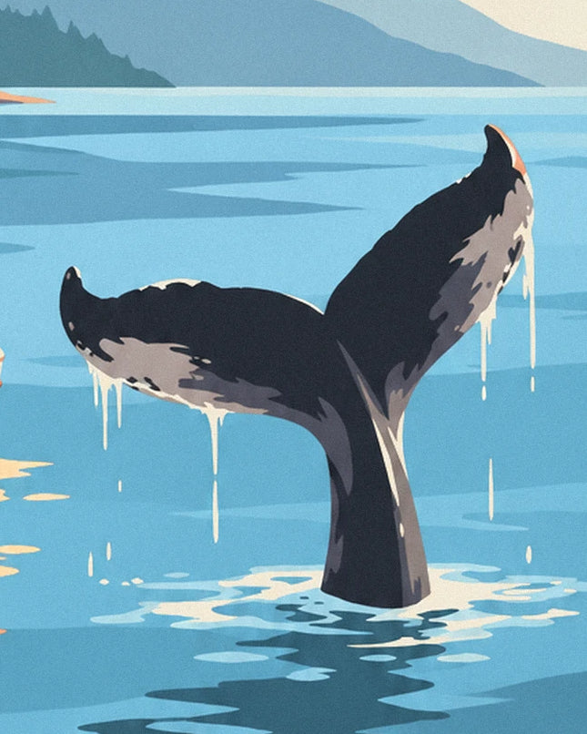 A dripping black and grey whale tail rising out of the blue water