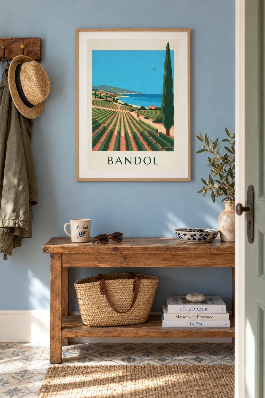Bandol poster with vines, cypress trees and the blue bay of the Mediterranean: framed on the wall