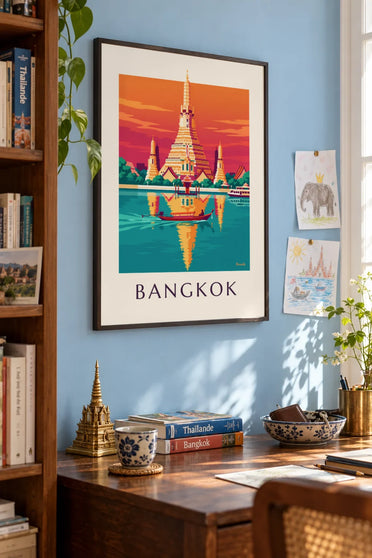 Bangkok Wat Arun riverside temple poster : framed on the wall