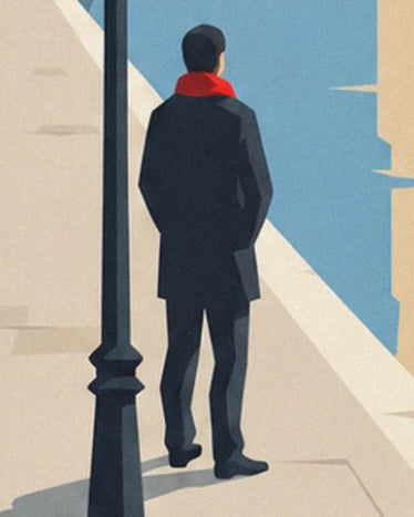 A man seen from behind in a dark coat and red scarf beside a lamppost on the quay