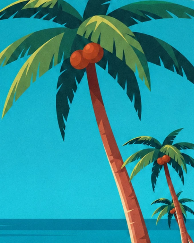 Coconut palms with green fronds and orange coconuts facing the turquoise sea