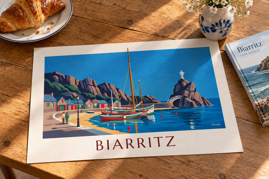 Affiche port des Pêcheurs de Biarritz et Rocher de la Vierge : posée sur une table