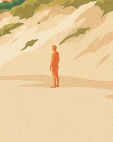 An orange figure at the foot of the golden dunes dotted with vegetation