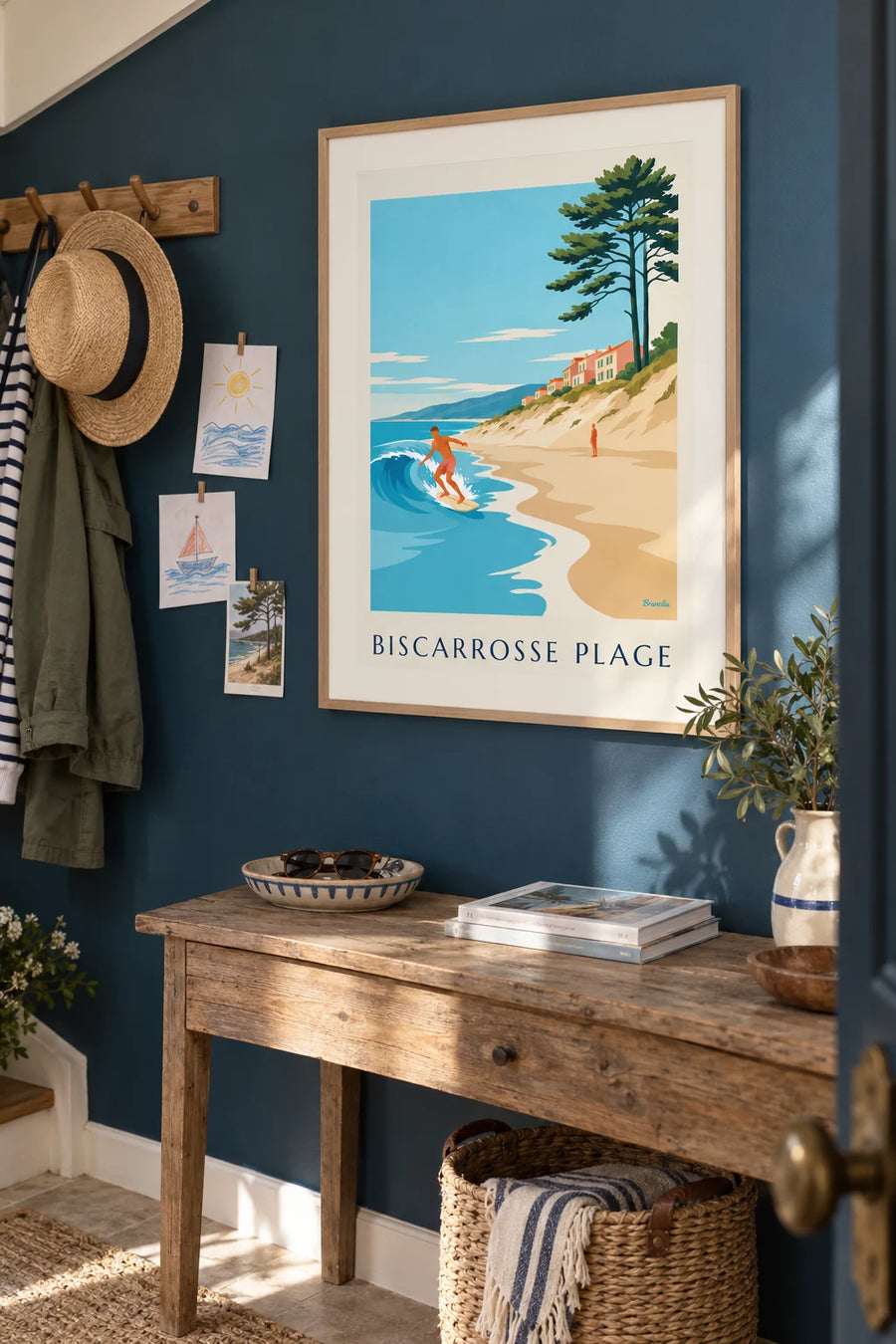 Poster of a surfer riding a wave at Biscarrosse Plage: framed on the wall