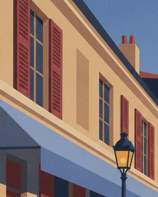 The ochre façade with red shutters, a blue awning and a glowing lantern, with the chimney above