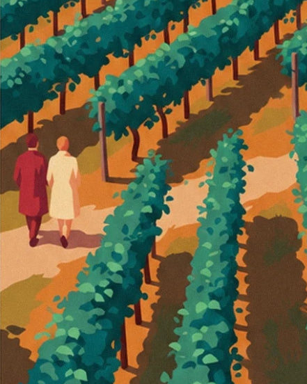 A couple in burgundy and white coats strolling between the rows of vines
