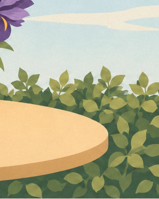 Le plateau de table couleur sable devant un feuillage vert, sous un ciel bleu pâle
