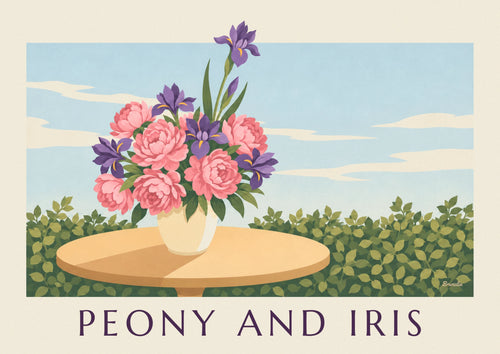 Poster of a bouquet of pink peonies and purple irises: the full poster