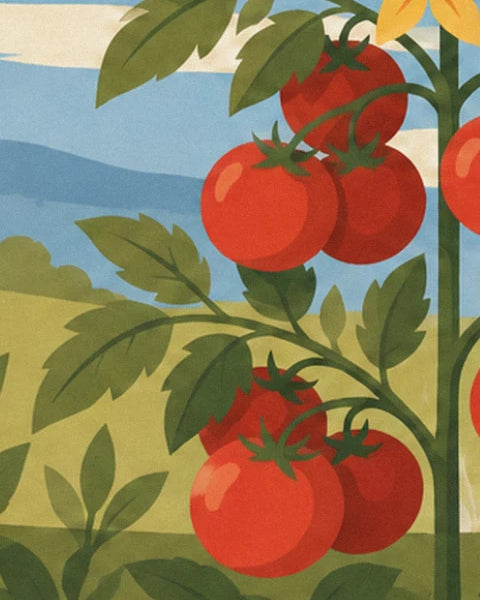 A cluster of bright, glossy red tomatoes, in front of the blue hills