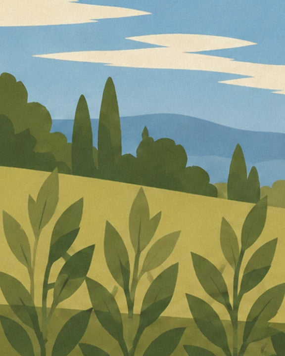 A green hill and its cypresses, beneath a blue sky with cream clouds