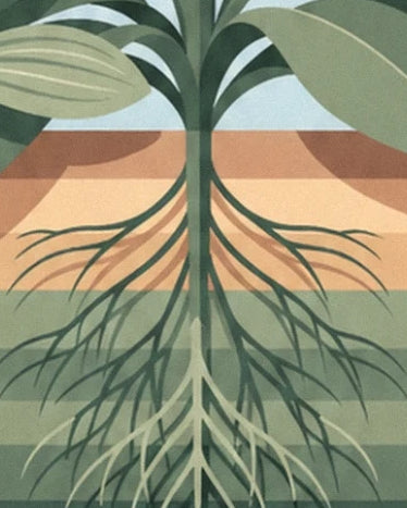 Les racines ramifiées sous la tige verte, dans les couches de terre colorées