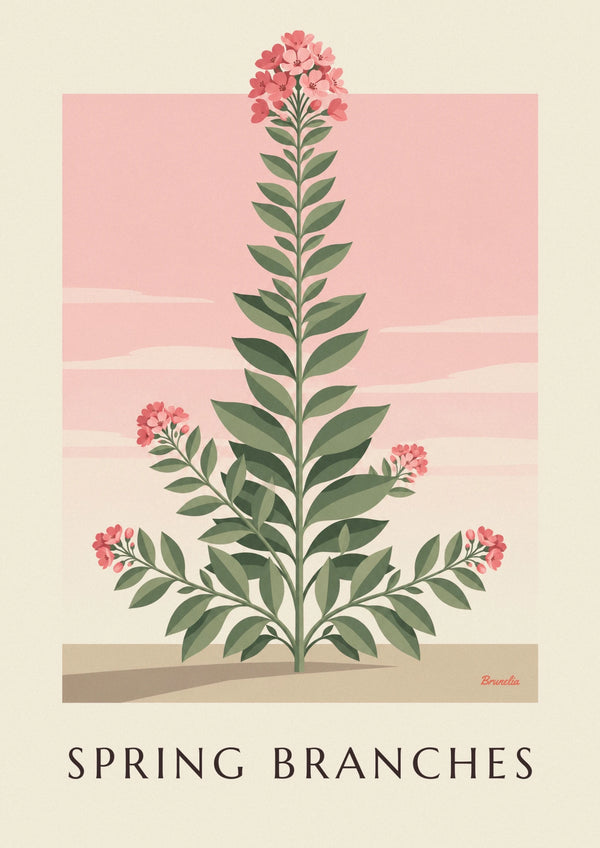 Affiche branches feuillues et fleurs roses de printemps