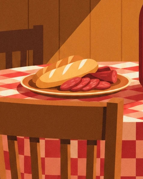 Golden bread and sliced saucisson on a platter between the wooden chairs