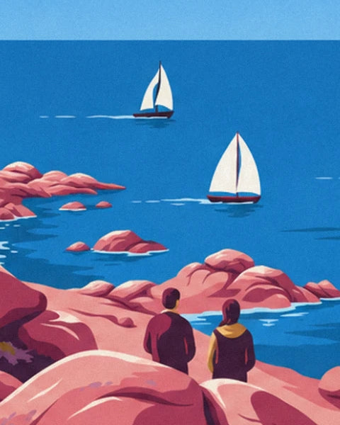 A couple seen from behind on the pink rocks, watching 2 white sailing boats offshore