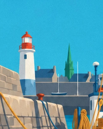 Le phare blanc et rouge, les toits bleus et le clocher vert derrière le quai