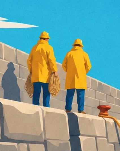 Les 2 pêcheurs en cirés jaunes sur le quai de granit, des cordages à la main