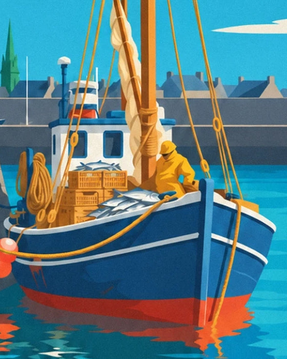 Le bateau bleu à coque rouge, ses poissons argentés et son pêcheur en ciré jaune