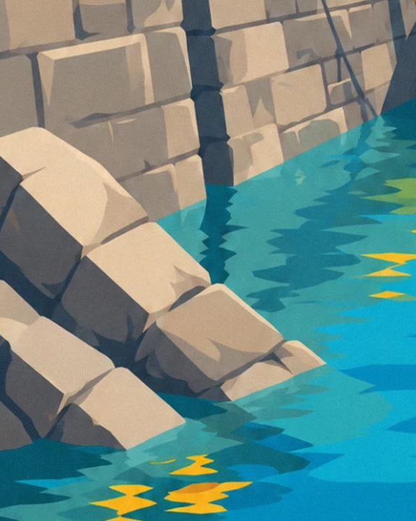 Les blocs de granit au pied du quai et leurs reflets dans l’eau turquoise
