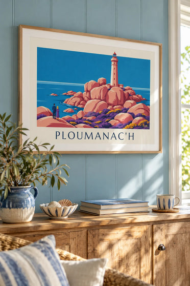 Affiche phare de Mean Ruz sur le granit rose de Ploumanac'h : encadrée au mur